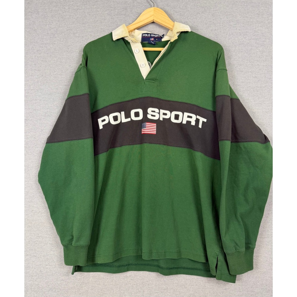 Vintage Polo Sport Ralph Lauren Rugby Shirt Green Black Long Sleeve Mens M 90s - Picture 1 of 7
